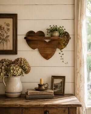 Vtg Wooden Tripple Heart Wall Shelf 70s 80s Handmade Country Farmhouse Cottage
